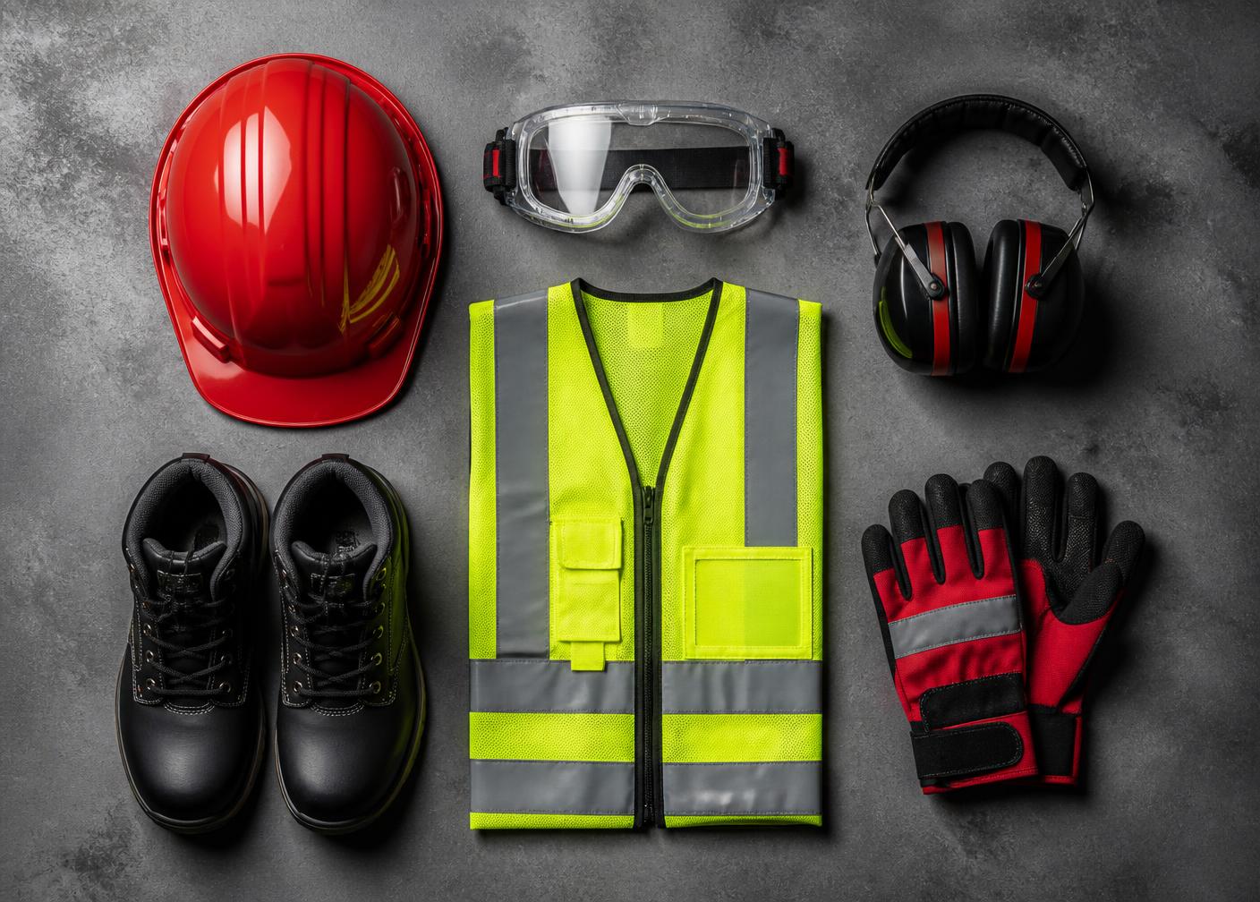 Safety helmet, boots, reflective vest, gloves and goggles laid out