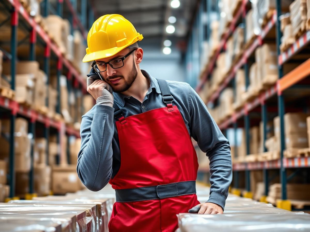Warehouse worker wearing branded overalls and hard hat