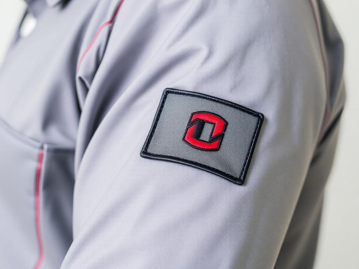 Embroidered company logo on a corporate uniform sleeve