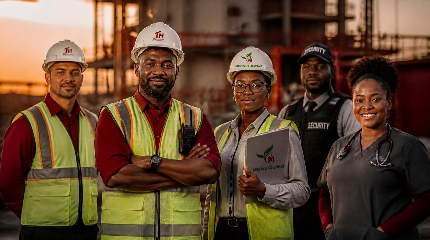 Construction, security, engineering and healthcare workers wearing PPE