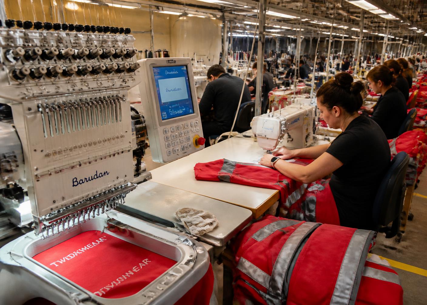 Industrial sewing and embroidery floor producing reflective workwear
